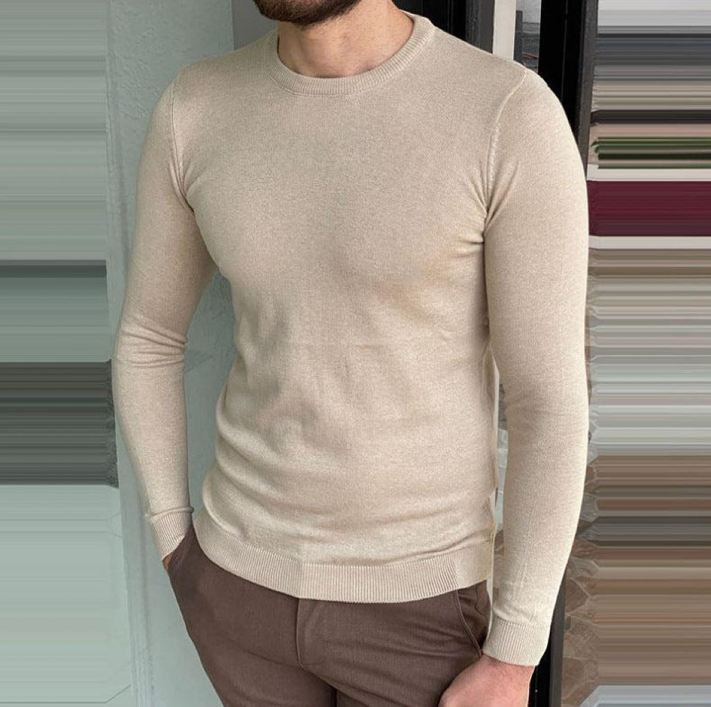 Pull en maille fine à manches longues et col rond basique de printemps Homme