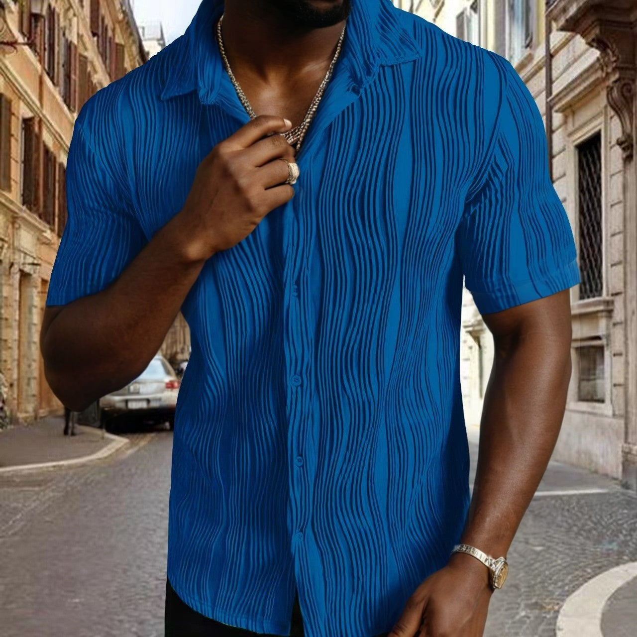 Chemise à manches courtes à texture irrégulière respirante et décontractée à la mode Homme