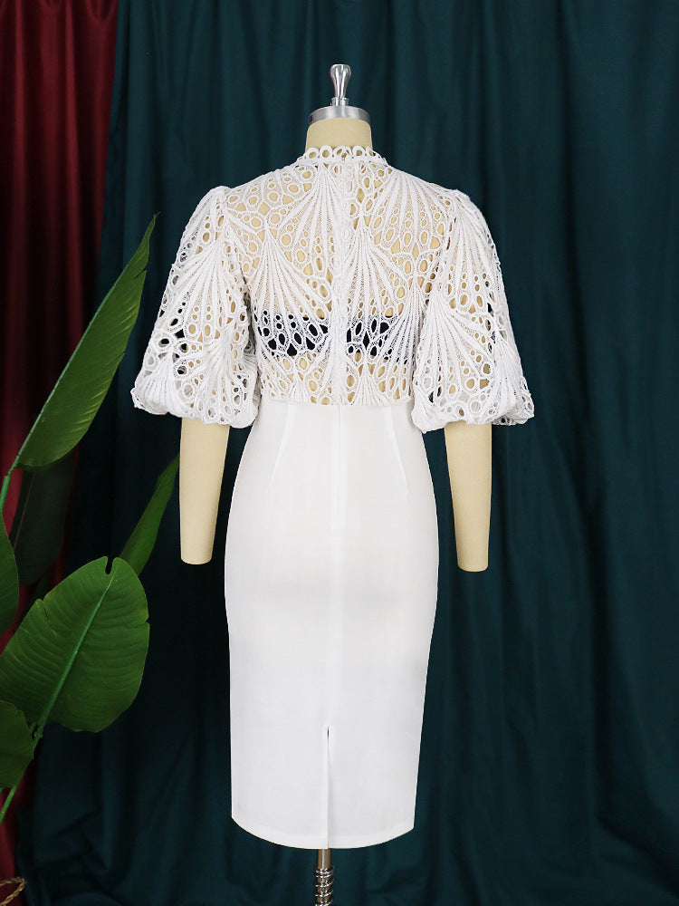 Robe blanche sexy à manches lanternes creuses, coupe cintrée, moulante aux hanches Femme