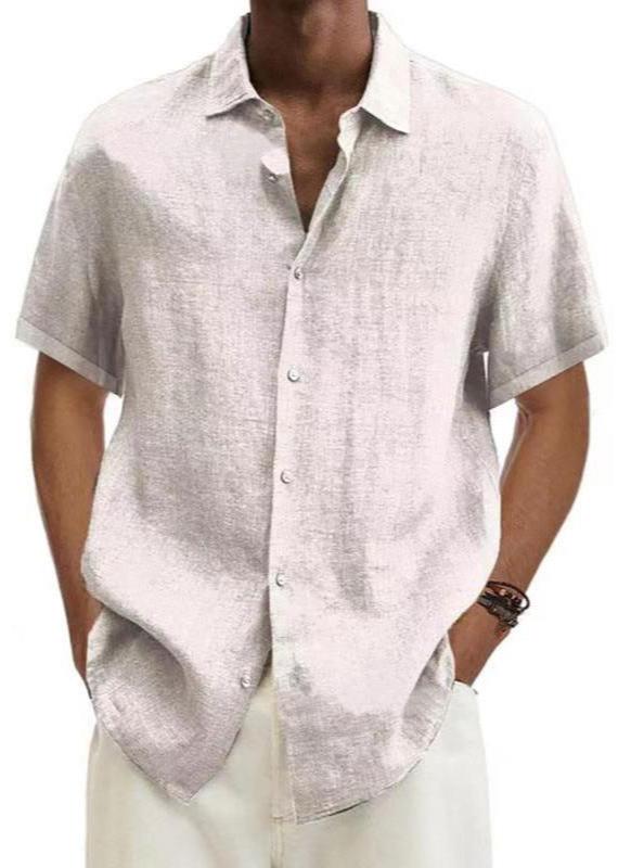 Chemise d'été boutonnée à manches courtes et col en V en coton et lin Homme