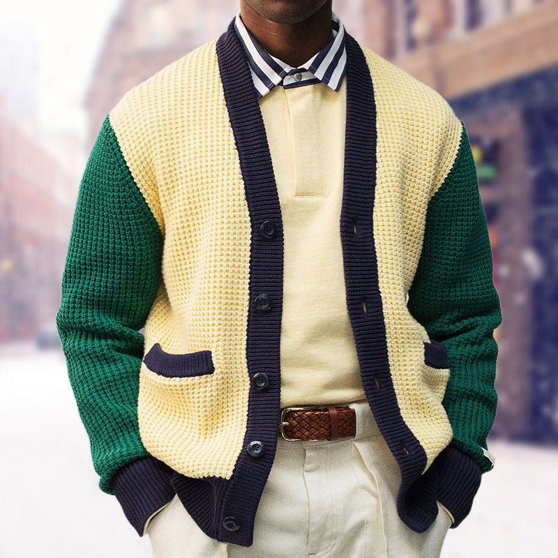 Cardigan de couleur contrastée, pull, veste en laine tricotée épaisse, automne et hiver Homme - RAPHYA