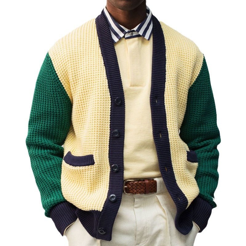 Cardigan de couleur contrastée, pull, veste en laine tricotée épaisse, automne et hiver Homme - RAPHYA