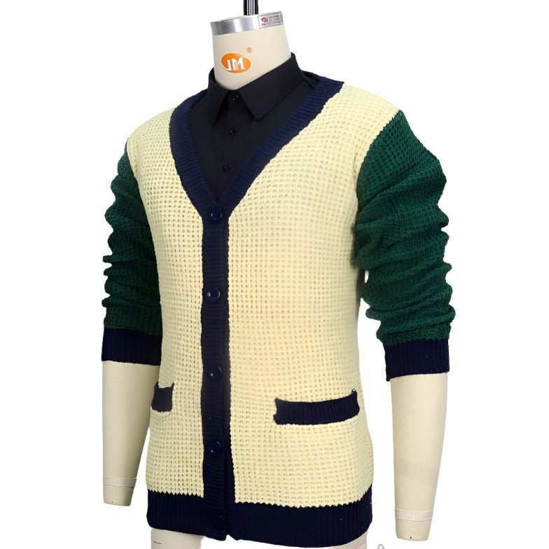 Cardigan de couleur contrastée, pull, veste en laine tricotée épaisse, automne et hiver Homme - RAPHYA