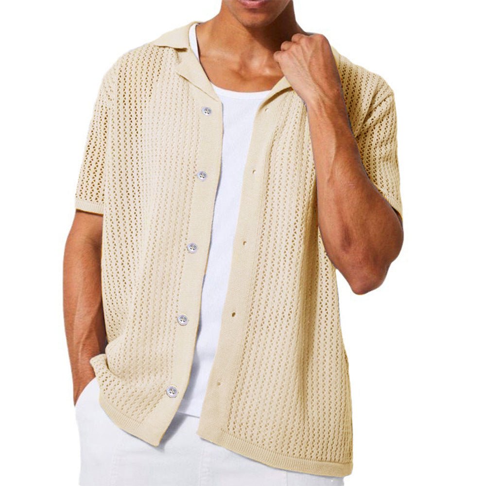 Cardigan tricoté décontracté à manches courtes ajouré de couleur unie Homme - RAPHYA