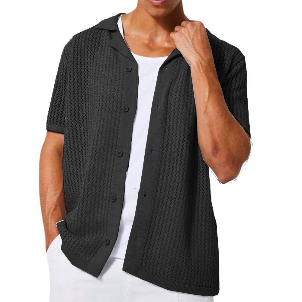 Cardigan tricoté décontracté à manches courtes ajouré de couleur unie Homme - RAPHYA