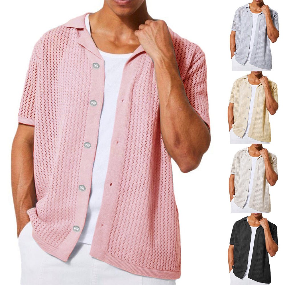 Cardigan tricoté décontracté à manches courtes ajouré de couleur unie Homme - RAPHYA