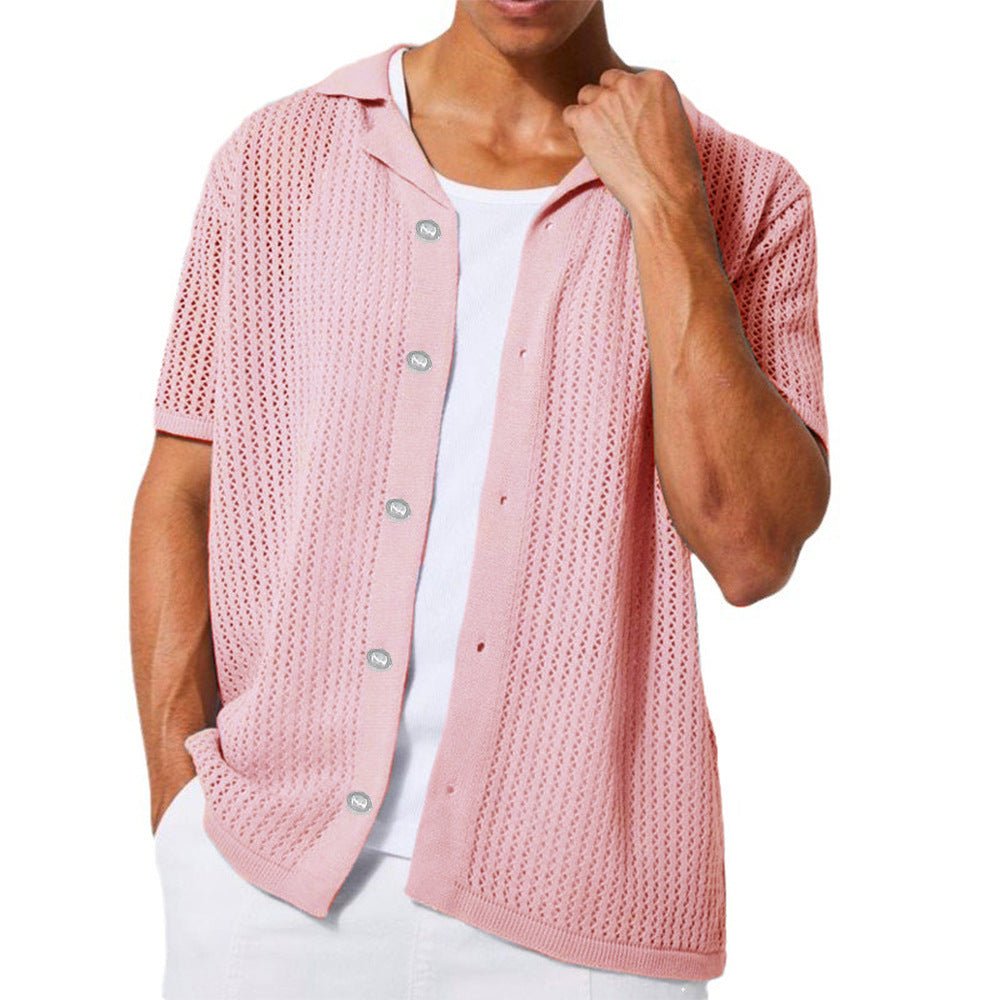 Cardigan tricoté décontracté à manches courtes ajouré de couleur unie Homme - RAPHYA