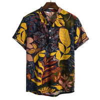 Chemise à manches courtes imprimée à col montant en lin, série florale foncée de style ethnique Homme - RAPHYA