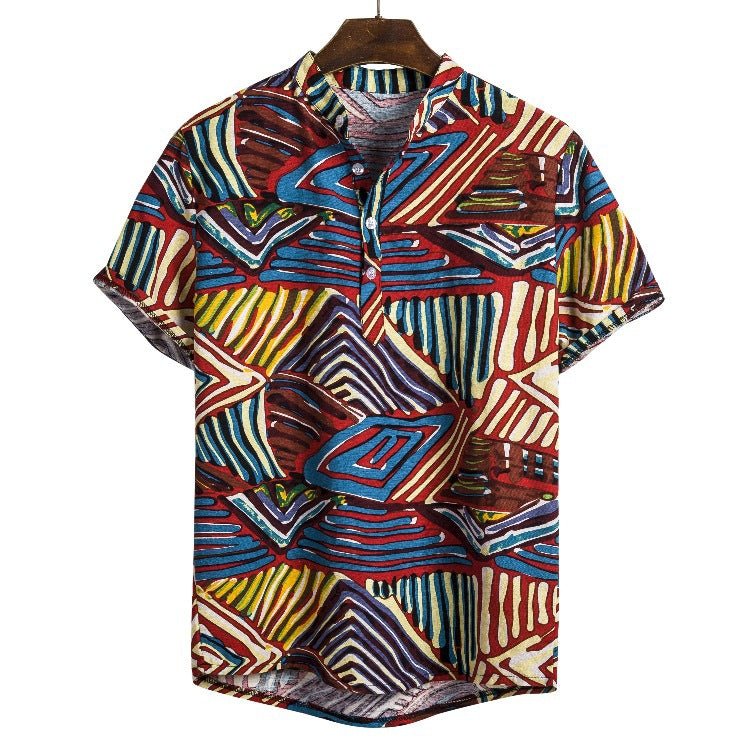 Chemise à manches courtes imprimée à col montant en lin, série florale foncée de style ethnique Homme - RAPHYA