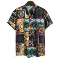 Chemise à manches courtes imprimée à col montant en lin, série florale foncée de style ethnique Homme - RAPHYA