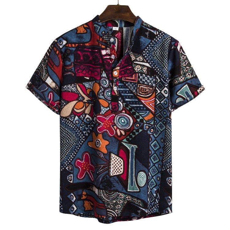 Chemise à manches courtes imprimée à col montant en lin, série florale foncée de style ethnique Homme - RAPHYA