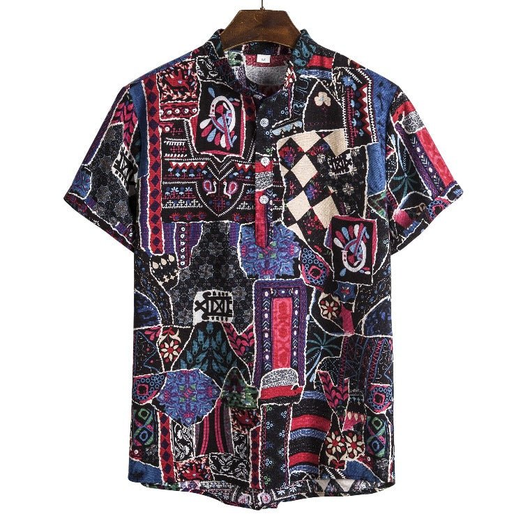 Chemise à manches courtes imprimée à col montant en lin, série florale foncée de style ethnique Homme - RAPHYA