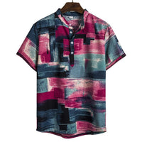 Chemise à manches courtes imprimée à col montant en lin, série florale foncée de style ethnique Homme - RAPHYA