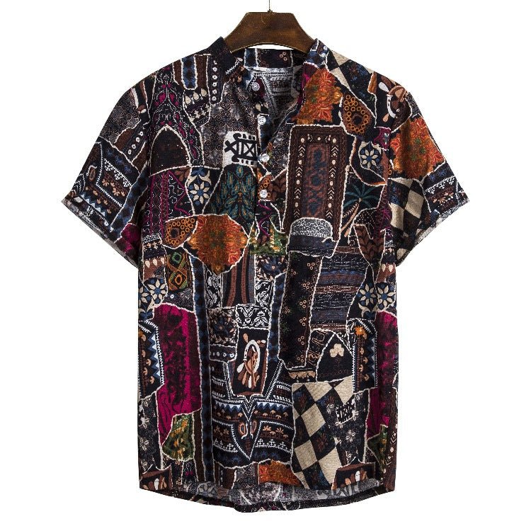 Chemise à manches courtes imprimée à col montant en lin, série florale foncée de style ethnique Homme - RAPHYA