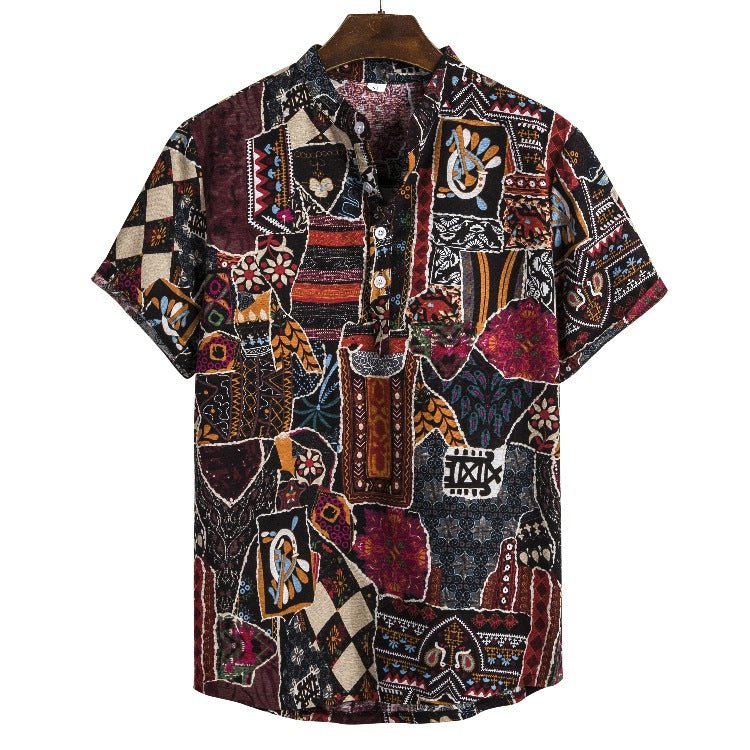 Chemise à manches courtes imprimée à col montant en lin, série florale foncée de style ethnique Homme - RAPHYA