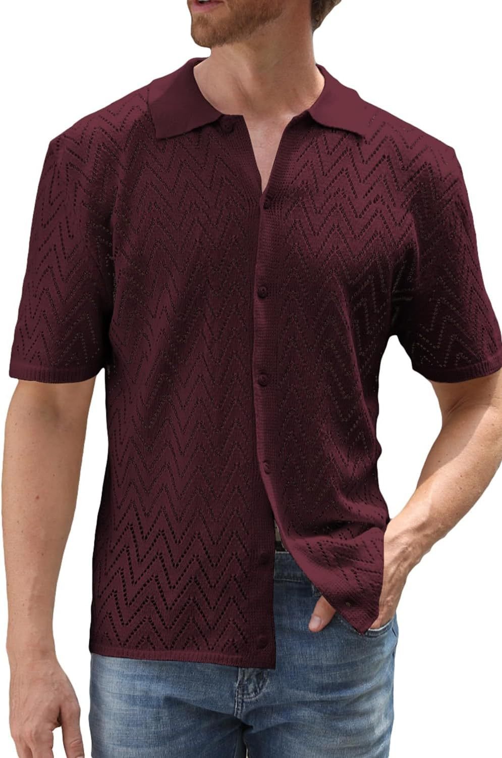 Chemise décontractée à manches courtes en tricot creux de couleur unie Homme - RAPHYA