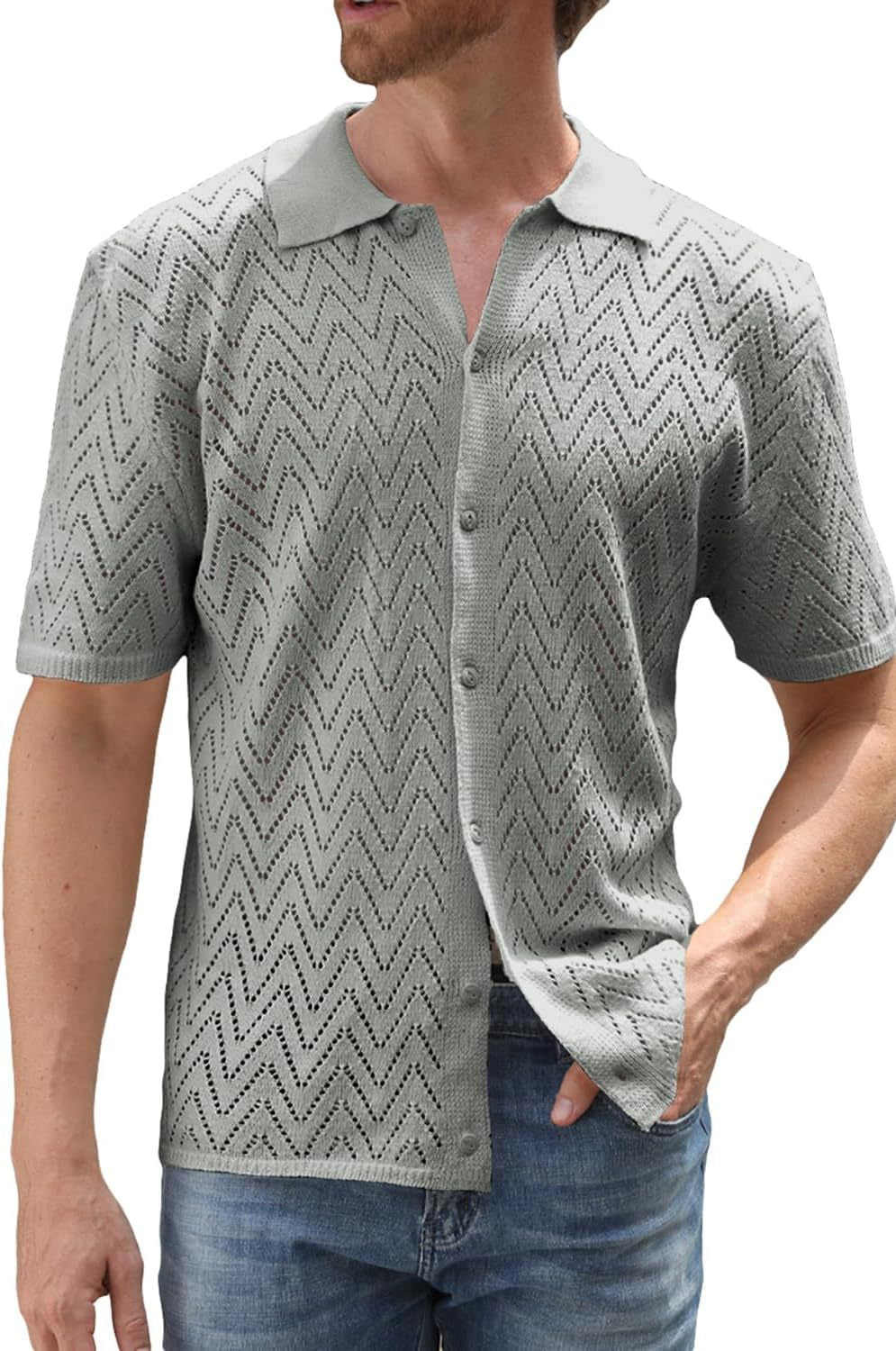 Chemise décontractée à manches courtes en tricot creux de couleur unie Homme - RAPHYA