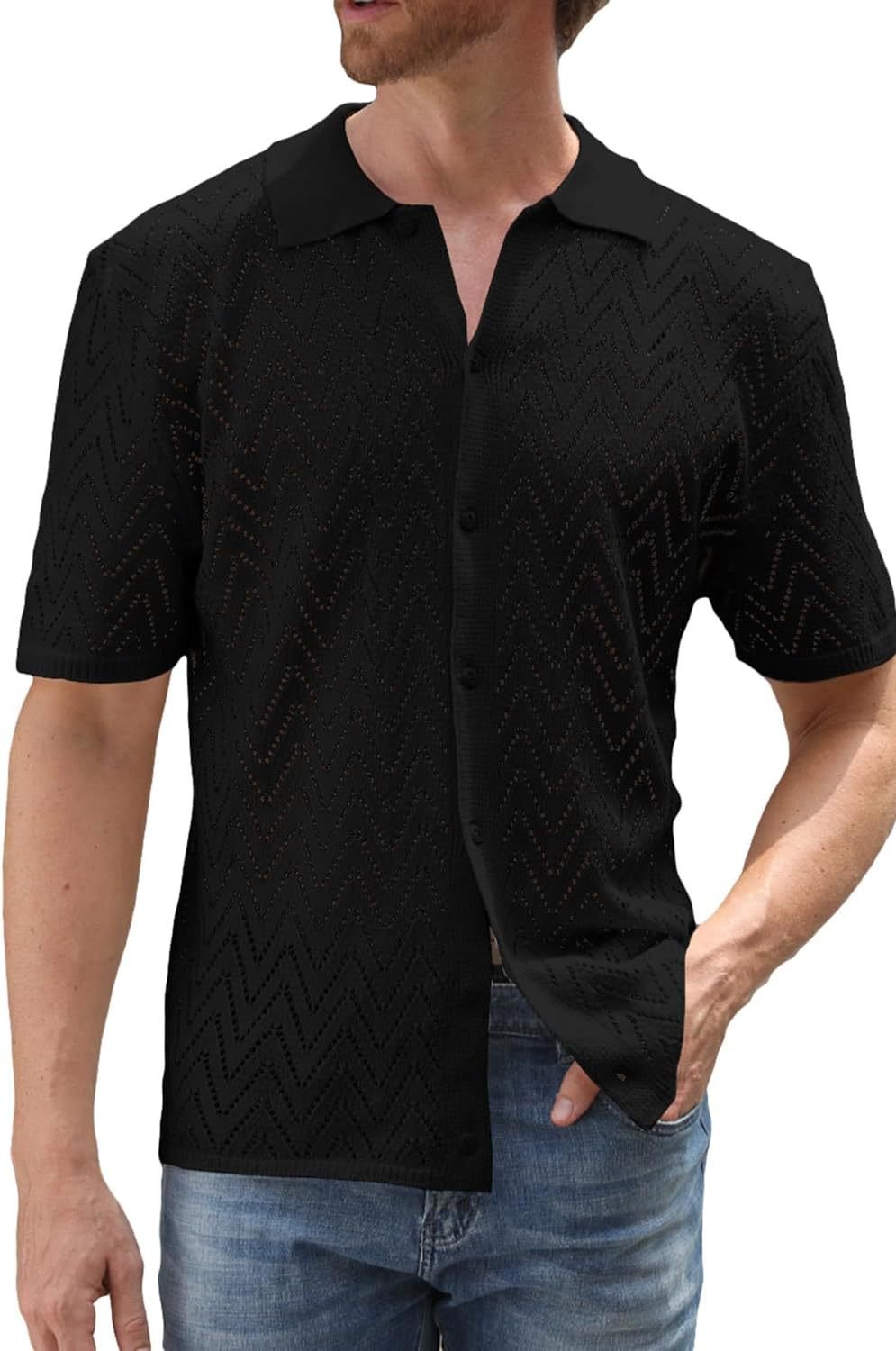 Chemise décontractée à manches courtes en tricot creux de couleur unie Homme - RAPHYA