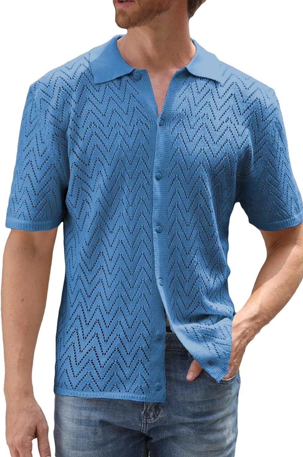 Chemise décontractée à manches courtes en tricot creux de couleur unie Homme - RAPHYA