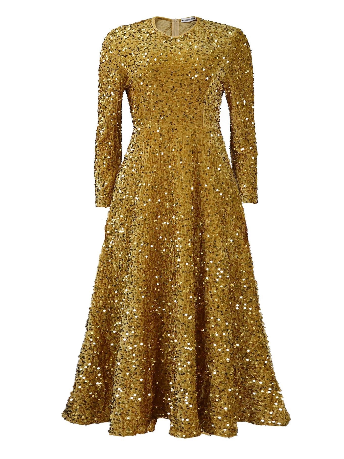 Col rond, manches longues, robe mi-longue taille haute à sequins Femme - RAPHYA