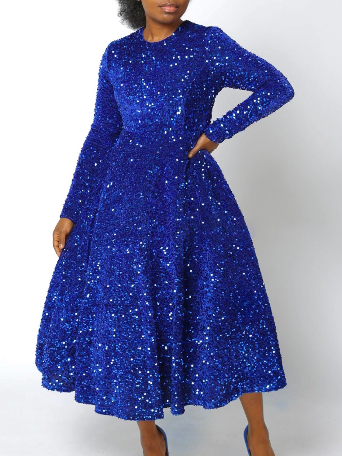 Col rond, manches longues, robe mi-longue taille haute à sequins Femme - RAPHYA