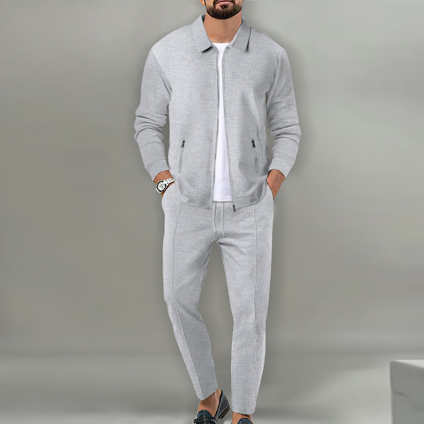 Costume cardigan slim à carreaux gaufrés, fermeture éclair, poche à revers, pantalon, automne Homme - RAPHYA