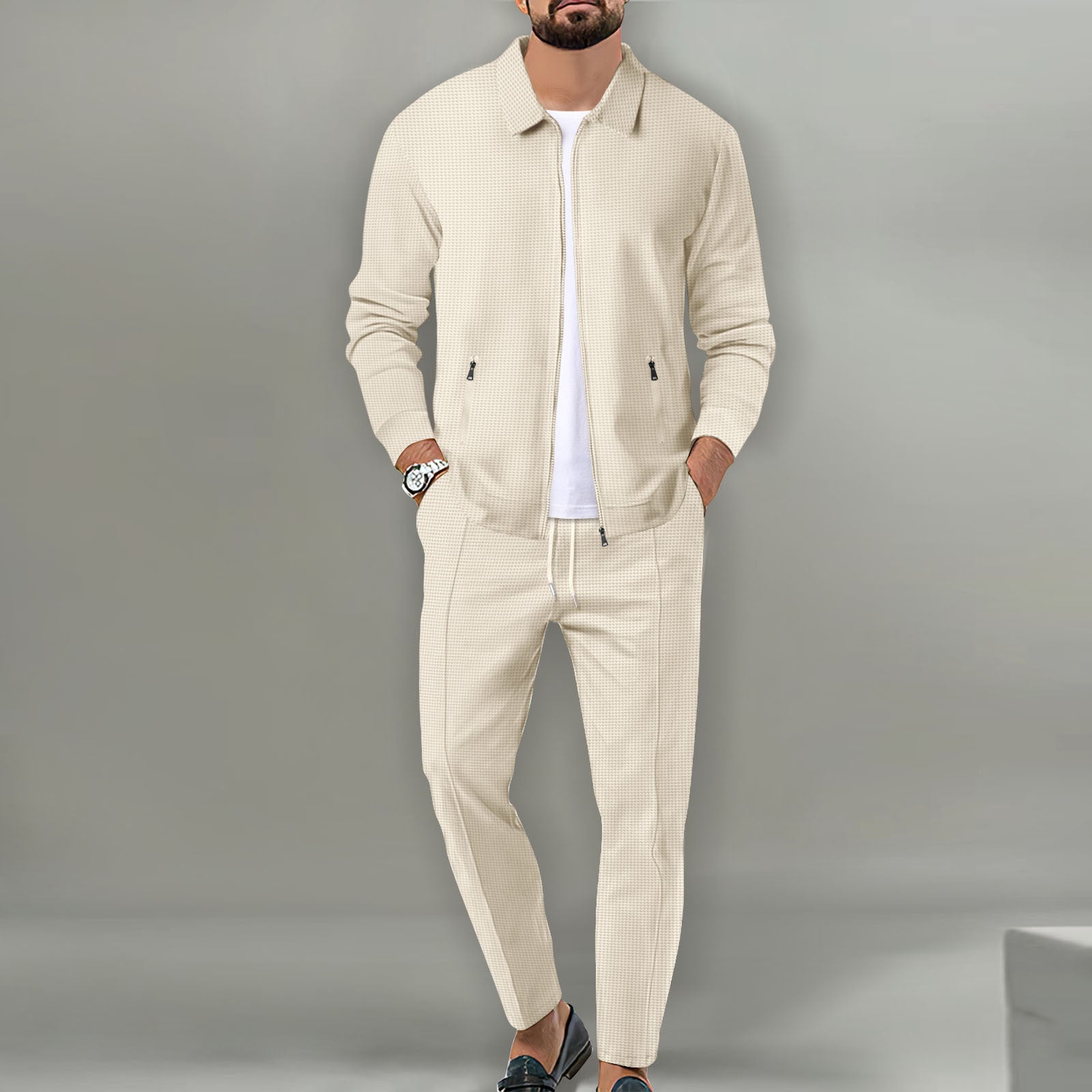 Costume cardigan slim à carreaux gaufrés, fermeture éclair, poche à revers, pantalon, automne Homme - RAPHYA