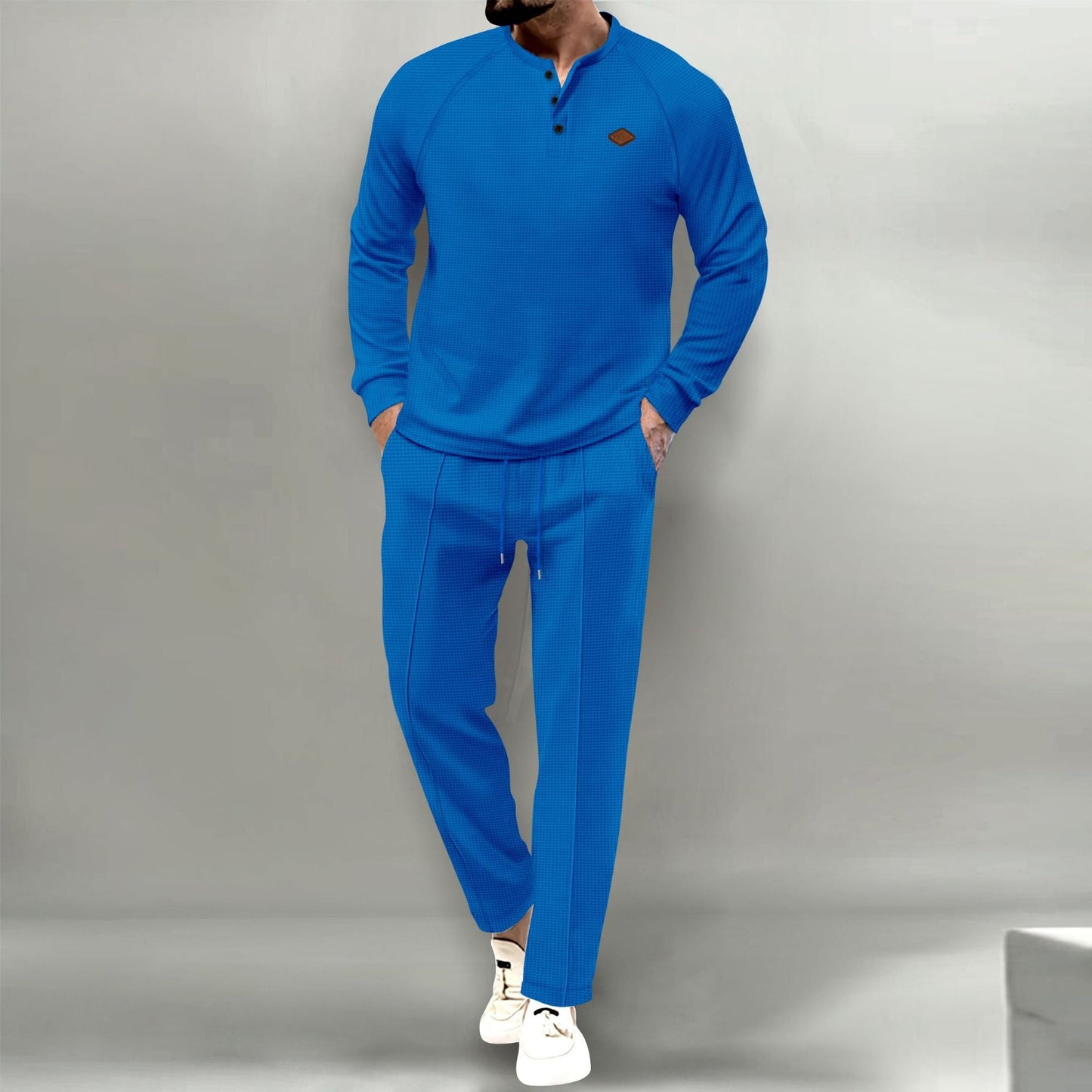 Costume de pantalon à manches longues Henley gaufré de couleur unie d'automne Homme - RAPHYA