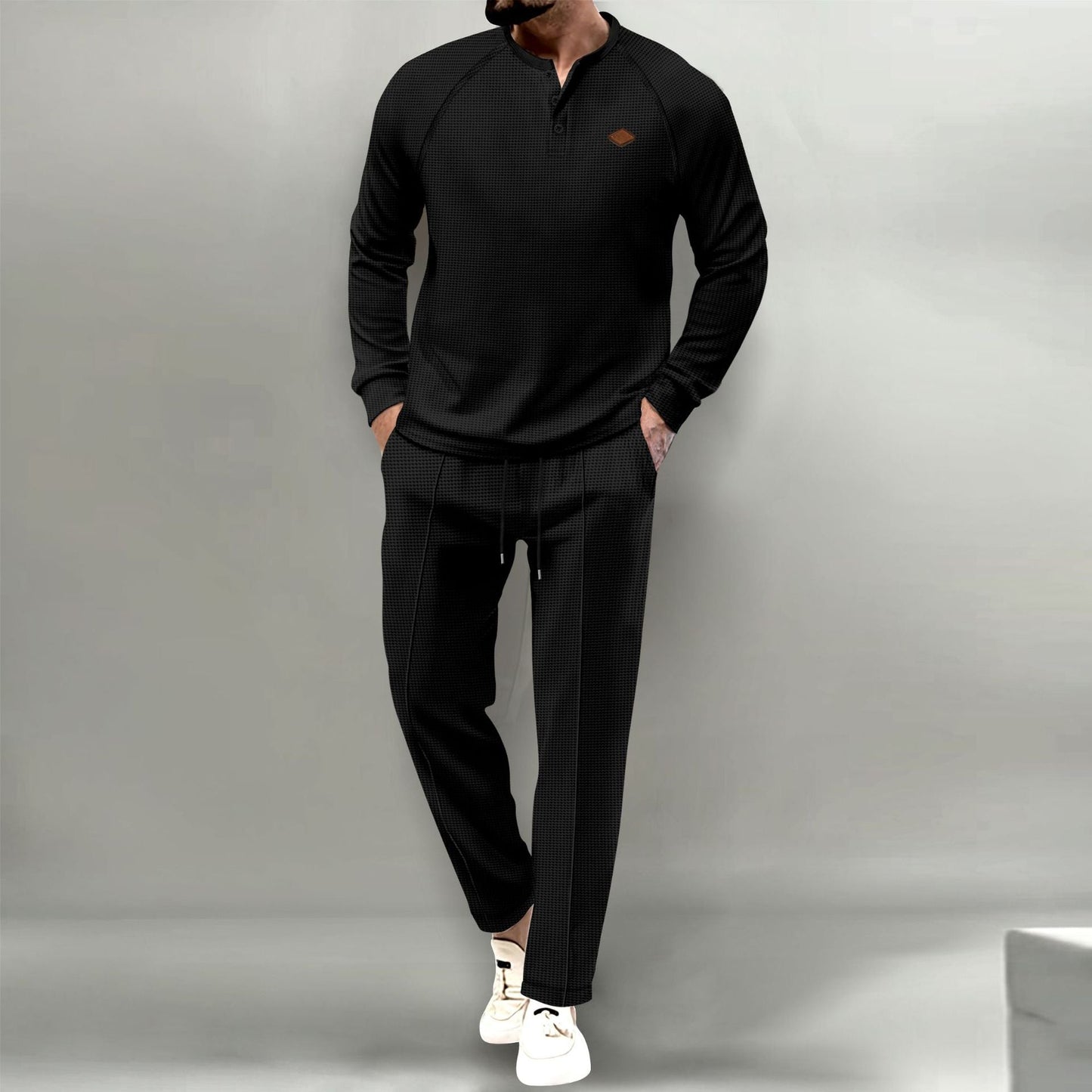 Costume de pantalon à manches longues Henley gaufré de couleur unie d'automne Homme - RAPHYA