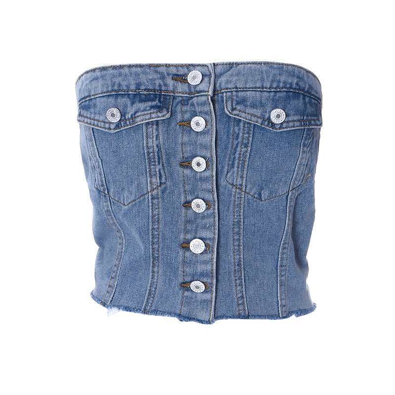 Haut cache-cœur à boutons en denim élastique Street Fashion Femme - RAPHYA