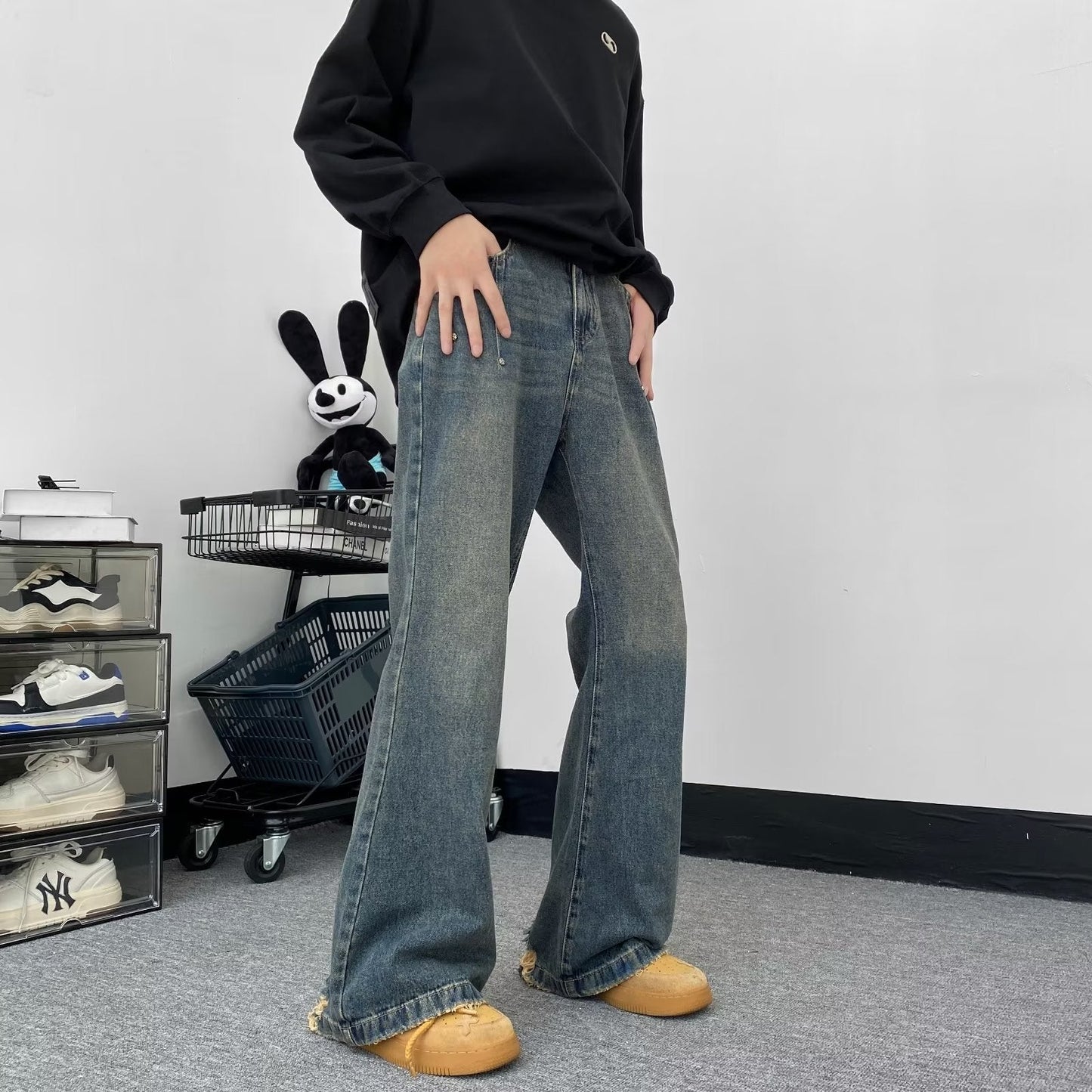 Jean déchiré rétro, pantalon ample à jambes larges pour nettoyer le sol Homme - RAPHYA