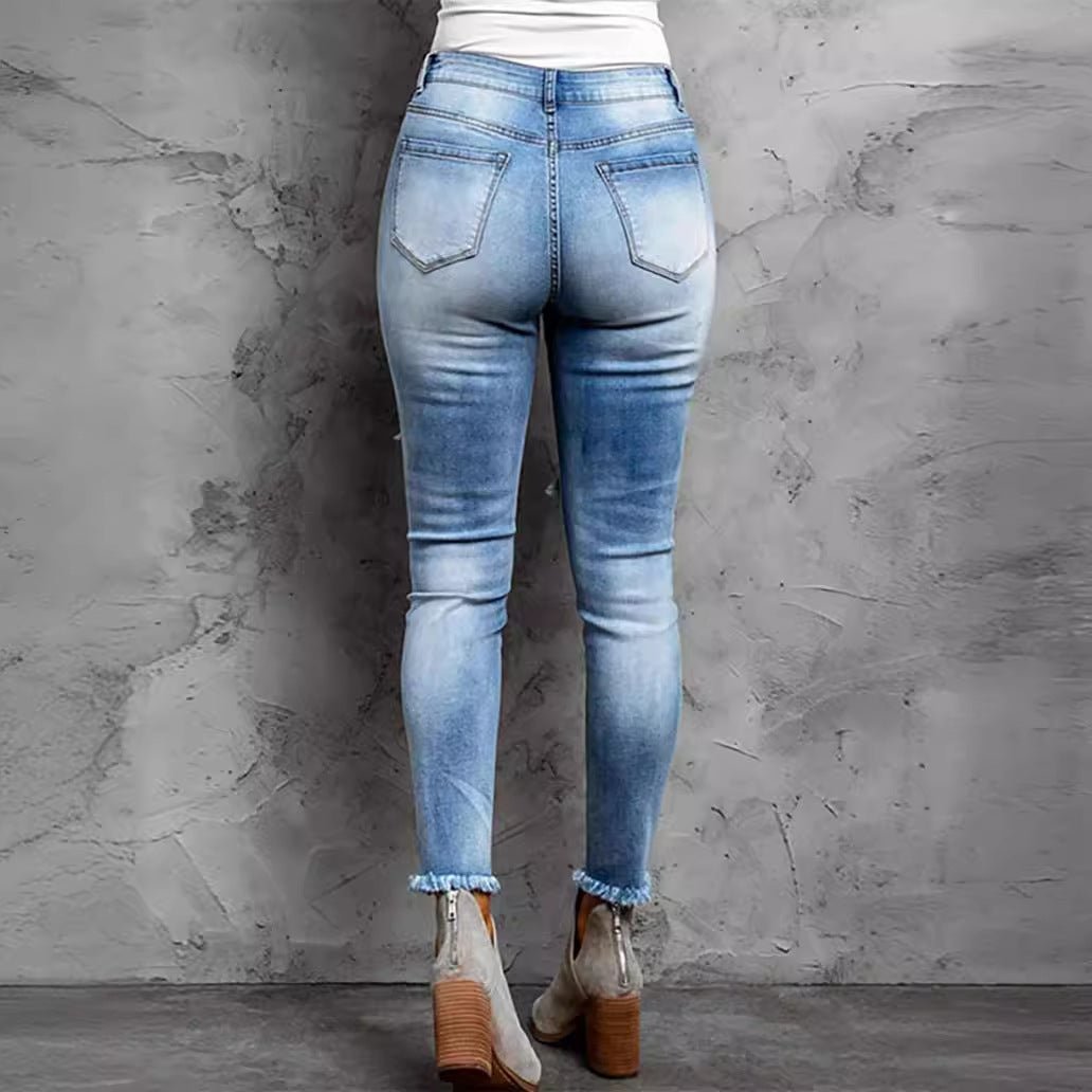 Jean droit taille mi-haute stretch effet vieilli à franges Femme - RAPHYA