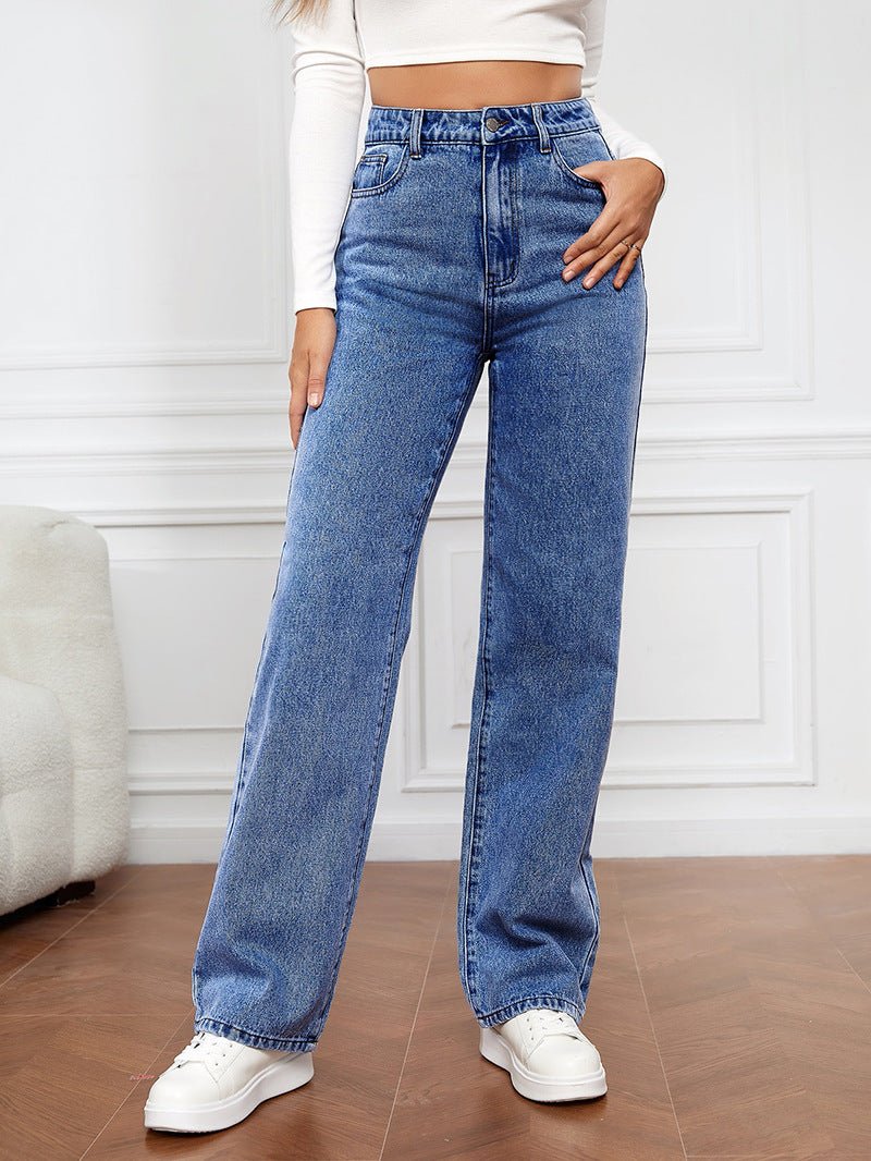 Jean pantalon droit tendance en denim lavé stretch Femme - RAPHYA