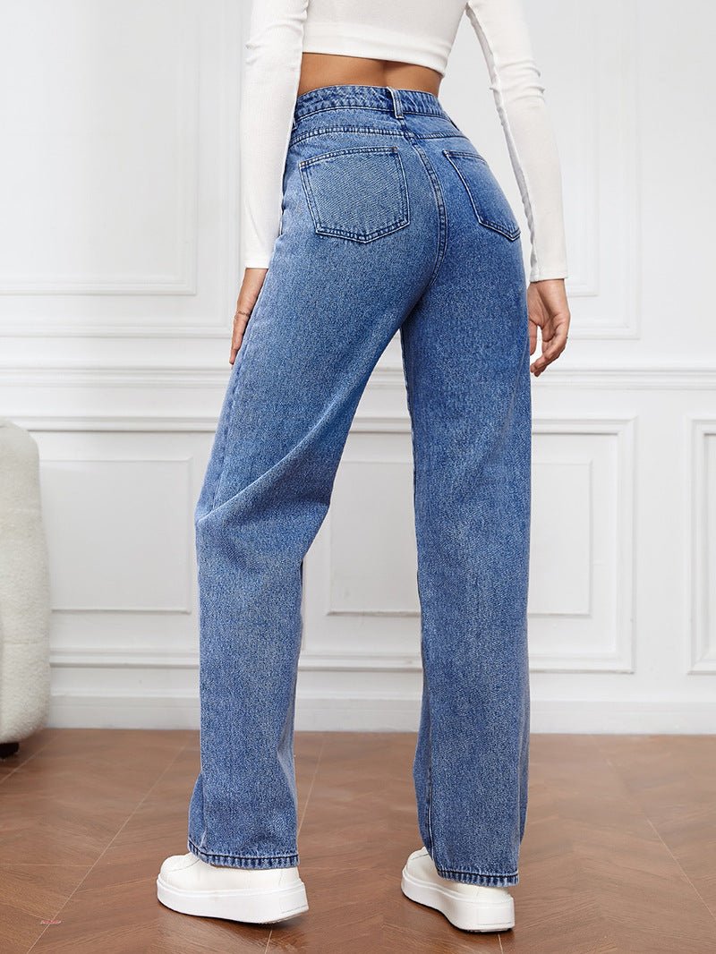 Jean pantalon droit tendance en denim lavé stretch Femme - RAPHYA