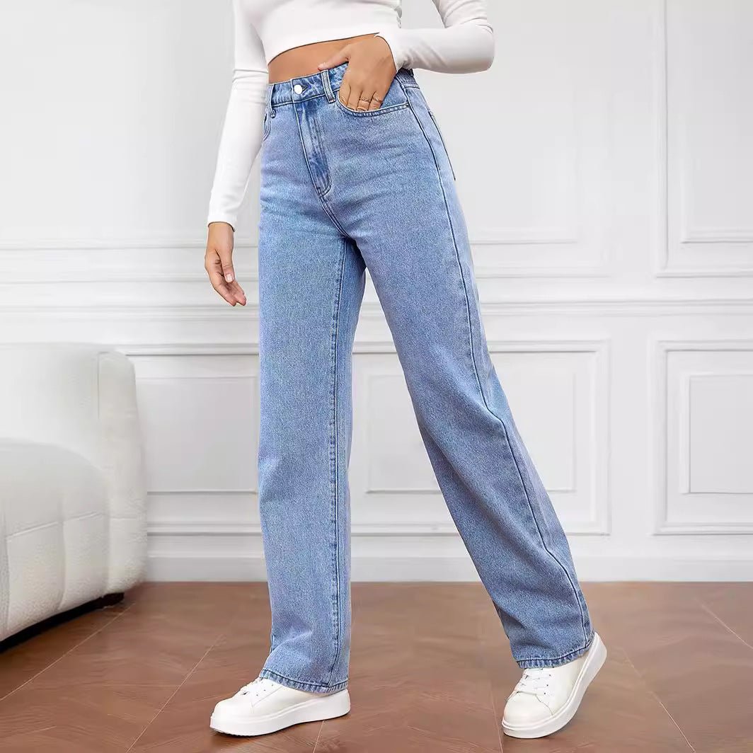 Jean pantalon droit tendance en denim lavé stretch Femme - RAPHYA