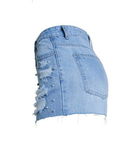 Jean taille haute, short en jean avec perles et strass Femme - RAPHYA