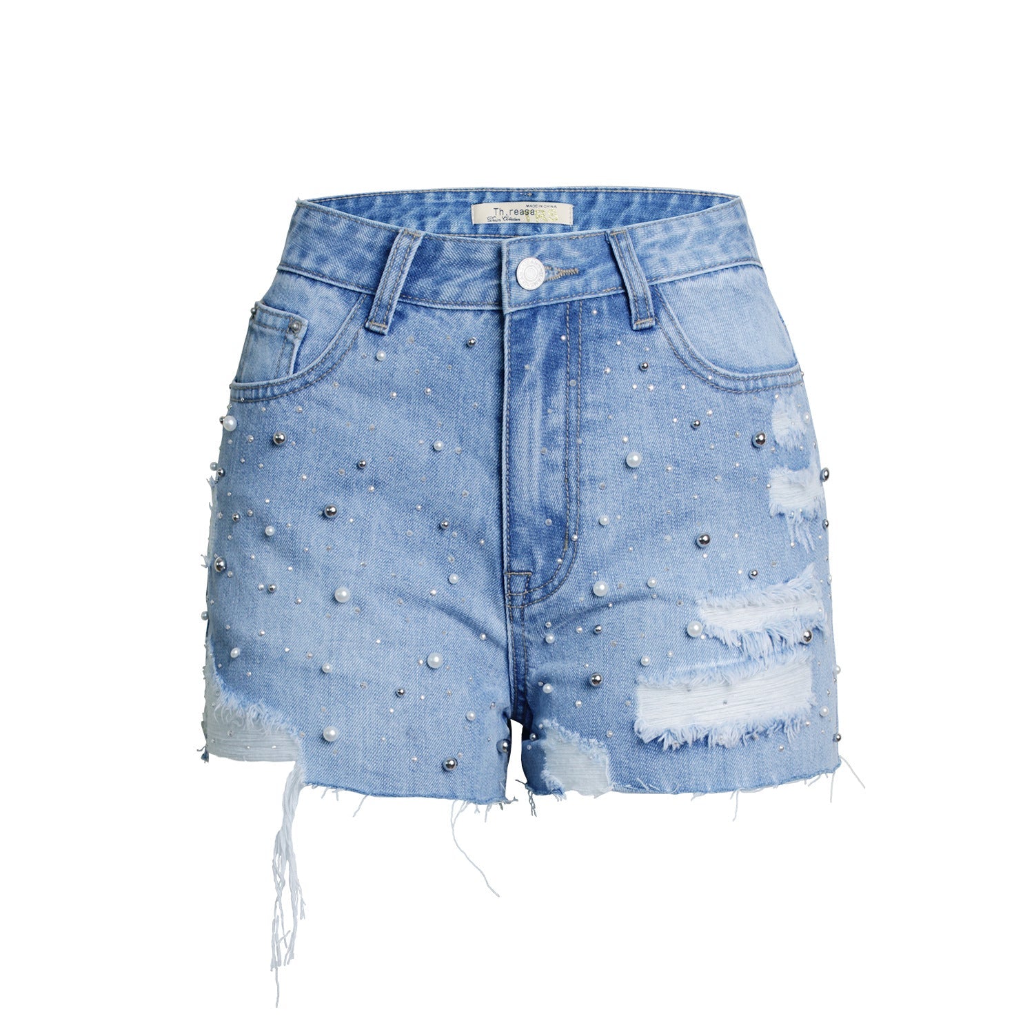 Jean taille haute, short en jean avec perles et strass Femme - RAPHYA