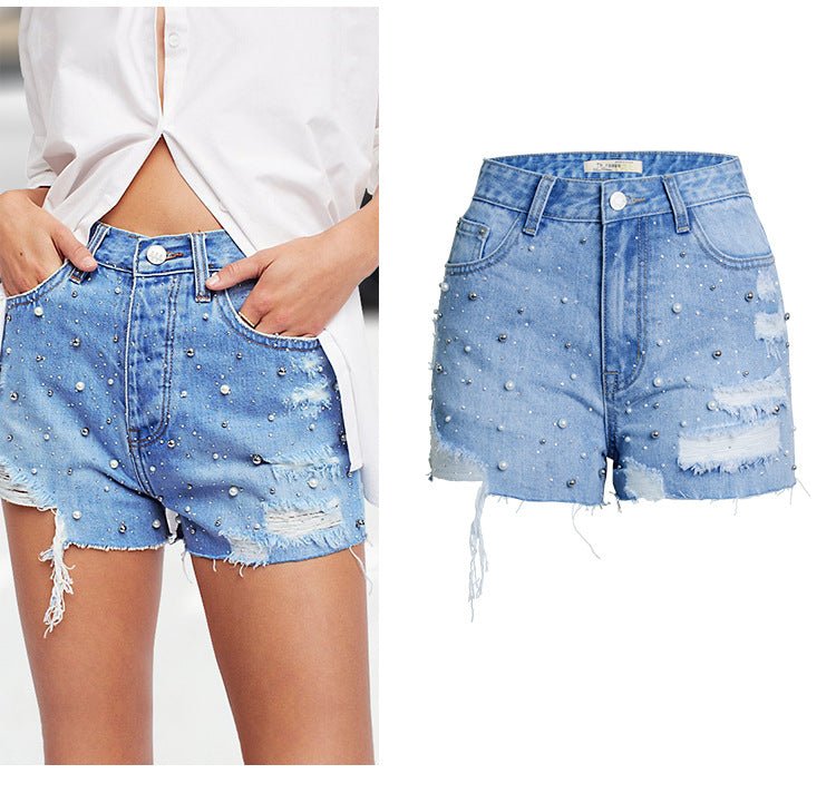 Jean taille haute, short en jean avec perles et strass Femme - RAPHYA