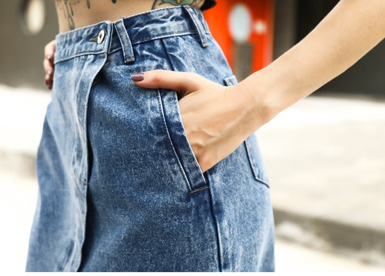 Jupe en jean fendue près du corps avec pompons irréguliers, jupe mi-longue taille haute Femme - RAPHYA