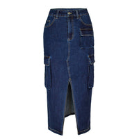 Jupe en jean taille haute multi-poches style travail, fente amincissante, couvrant les hanches Femme - RAPHYA