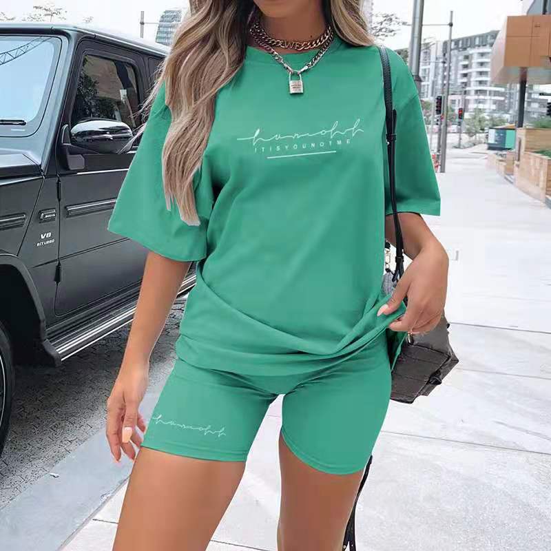 Letter Print Loose Casual T - shirt Shorts Set Femme - RAPHYA