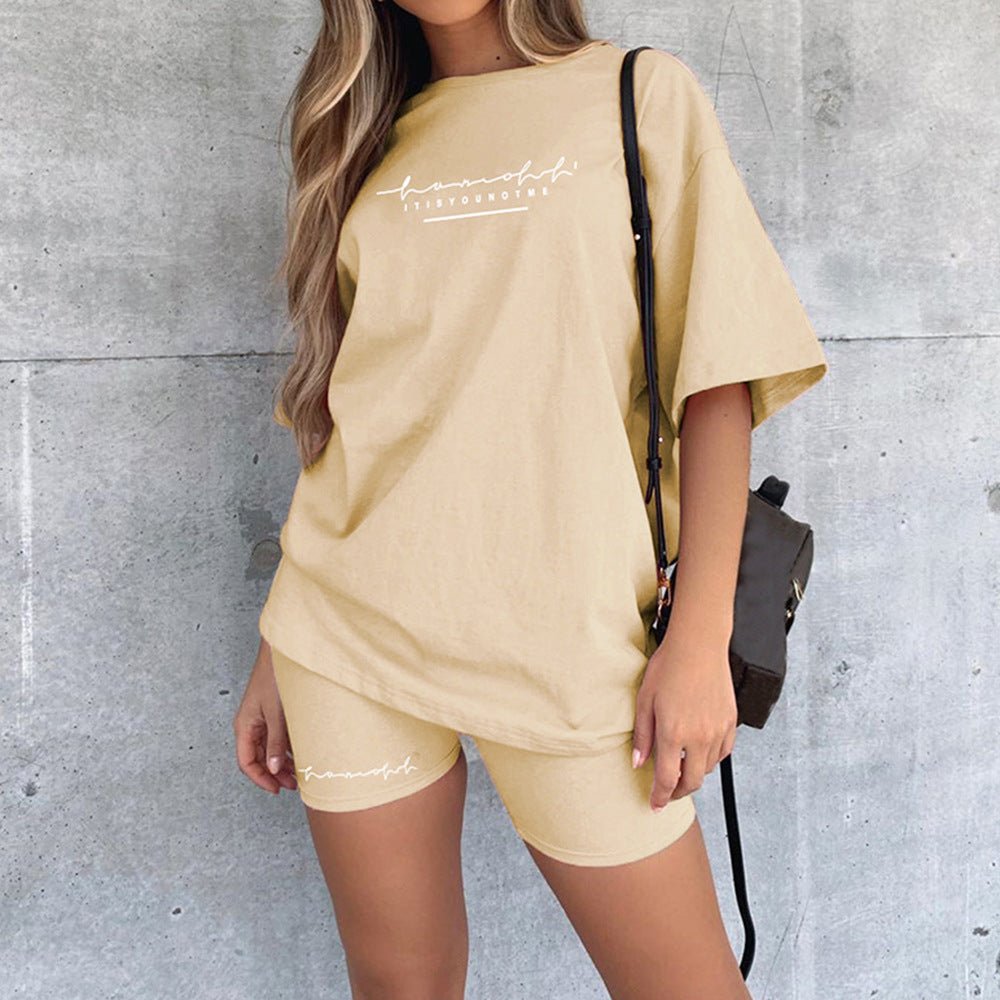 Letter Print Loose Casual T - shirt Shorts Set Femme - RAPHYA