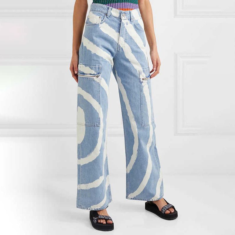 Pantalon droit en denim taille haute contrasté imprimé irrégulier, tendance et personnalisé - RAPHYA