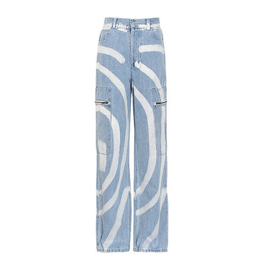 Pantalon droit en denim taille haute contrasté imprimé irrégulier, tendance et personnalisé - RAPHYA