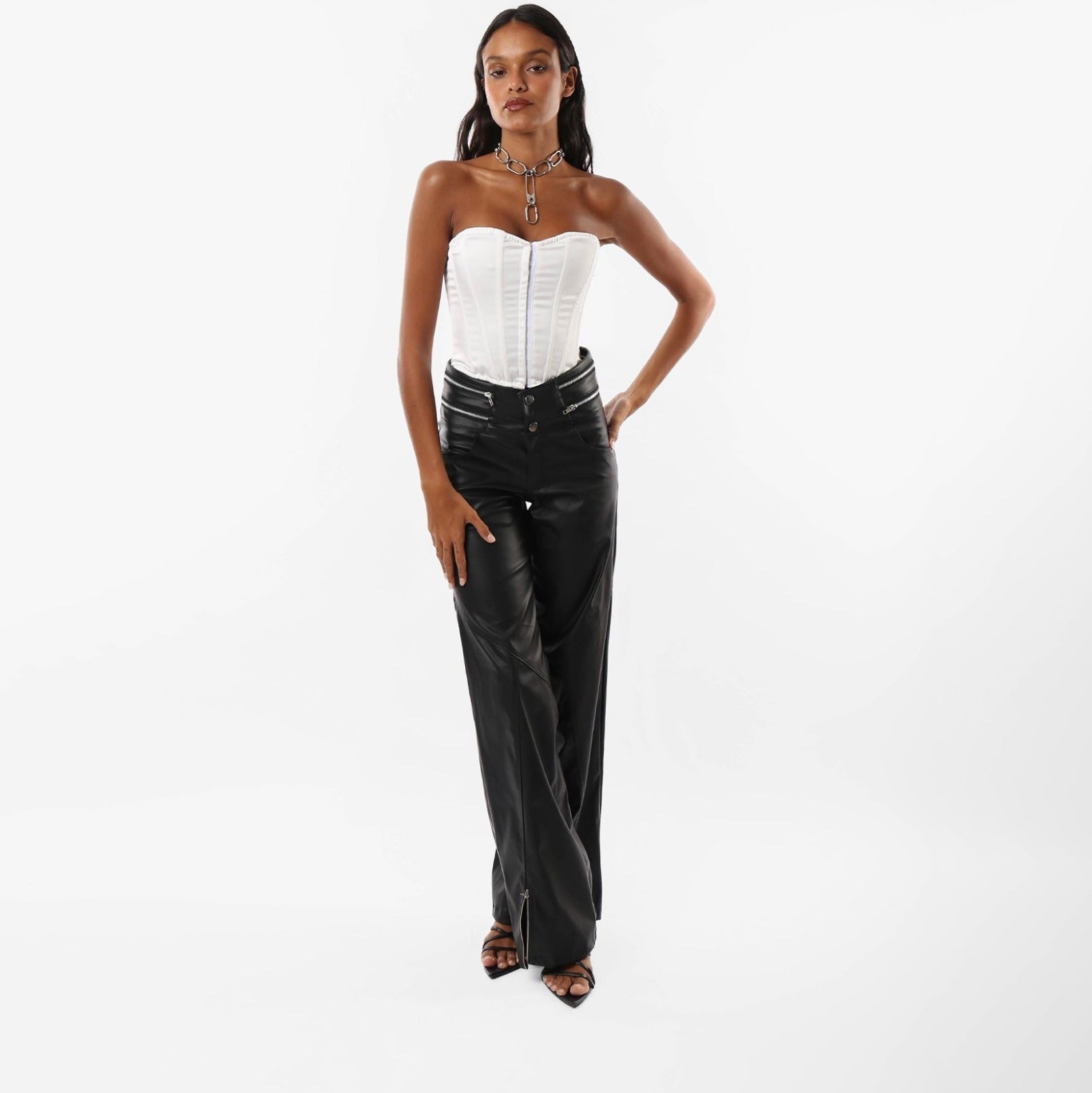 Pantalon en cuir taille haute zippé et micro-évasé à la mode et polyvalent Femme - RAPHYA