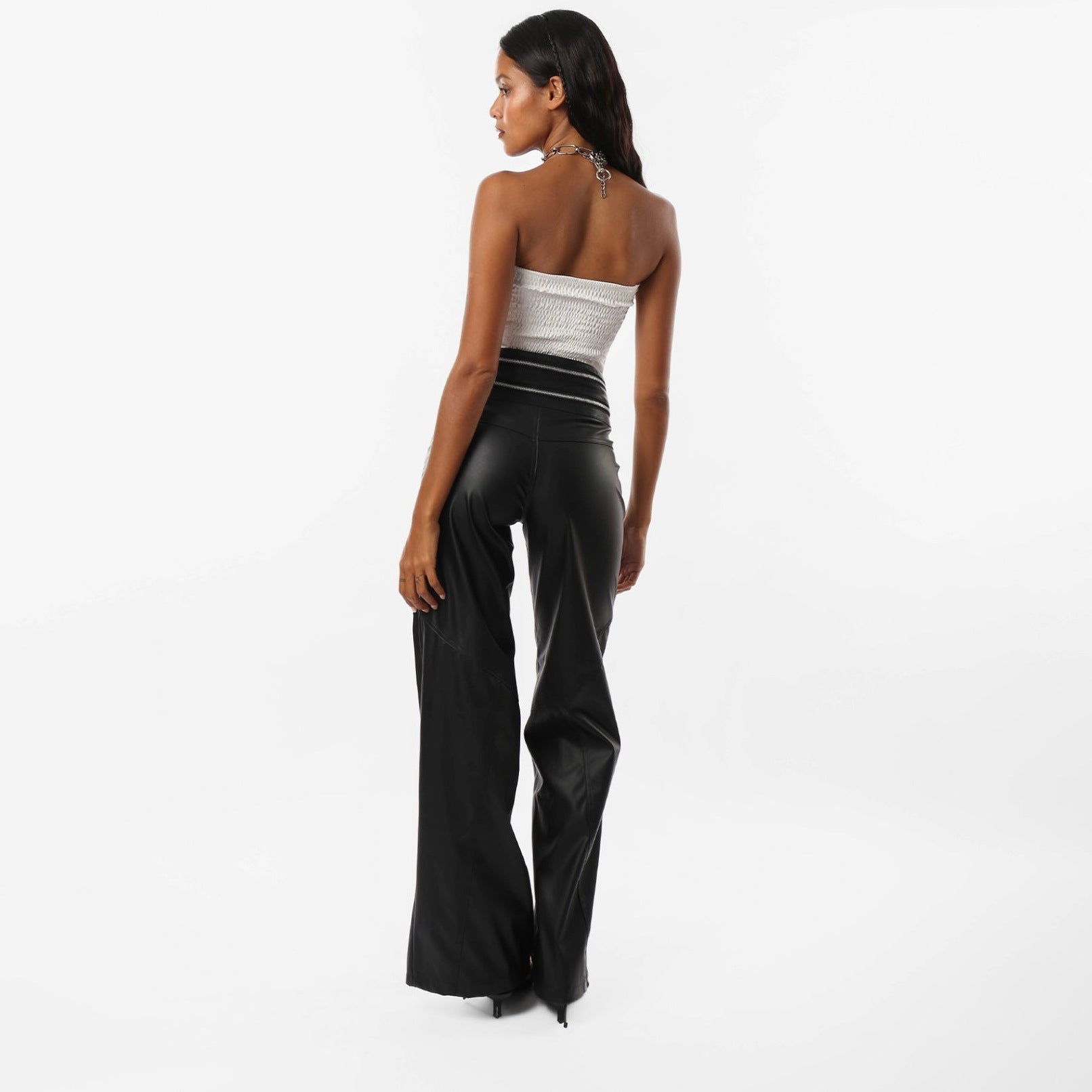 Pantalon en cuir taille haute zippé et micro-évasé à la mode et polyvalent Femme - RAPHYA