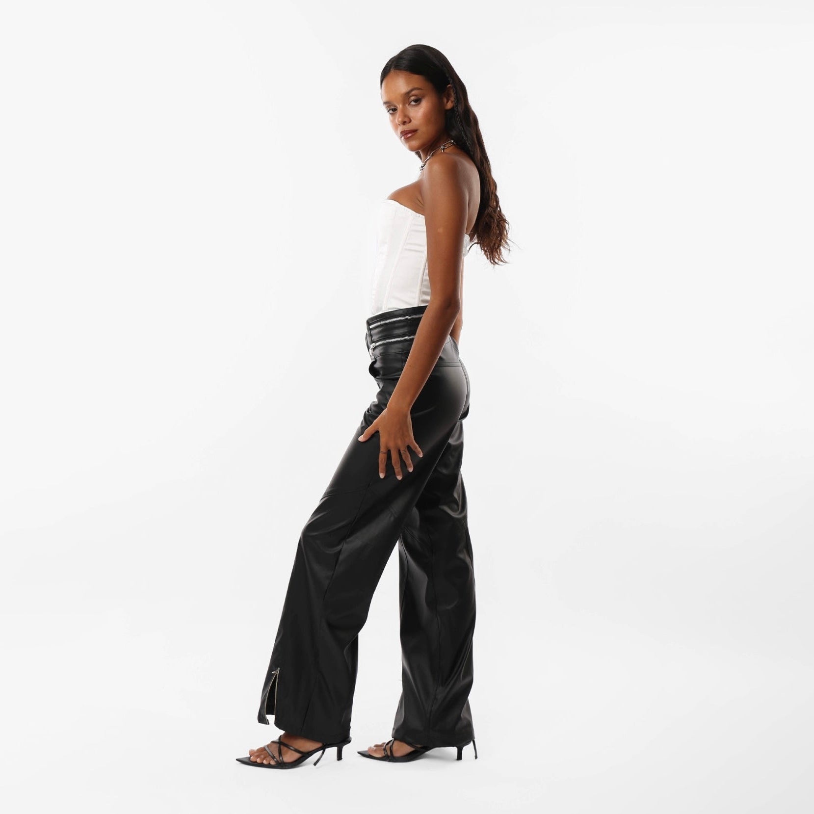 Pantalon en cuir taille haute zippé et micro-évasé à la mode et polyvalent Femme - RAPHYA