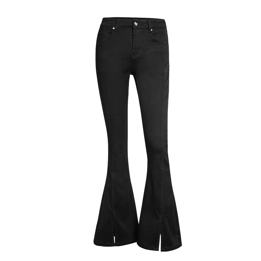 Pantalon en jean évasé noir avec fentes stretch devant Femme - RAPHYA