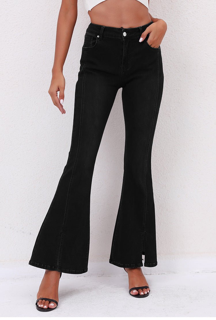 Pantalon en jean évasé noir avec fentes stretch devant Femme - RAPHYA