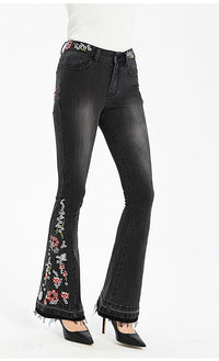 Pantalon évasé à fleurs brodées pour l'industrie lourde, pantalon en jean noir pour femme - RAPHYA